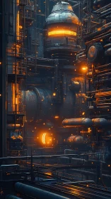 Vertical cyber-industrial reactor core glows in dense pipework