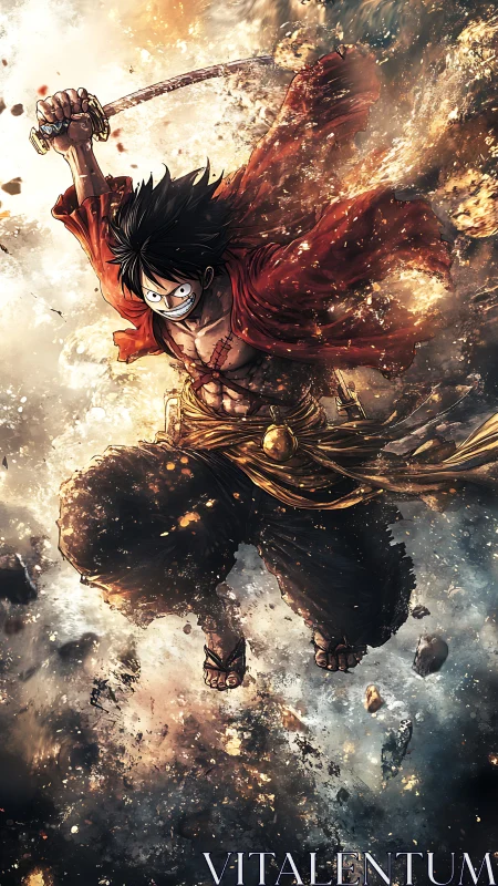 Dynamic shonen swordsman in explosive midair battle frame