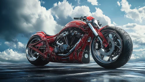 Low-angle view of custom red motorcycle on reflective surface.