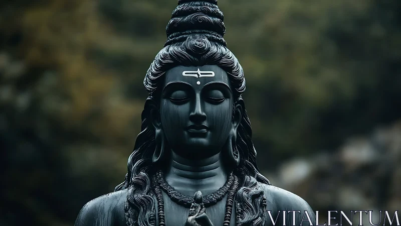 Shiva statue rendered in dark stone with soft depth of field