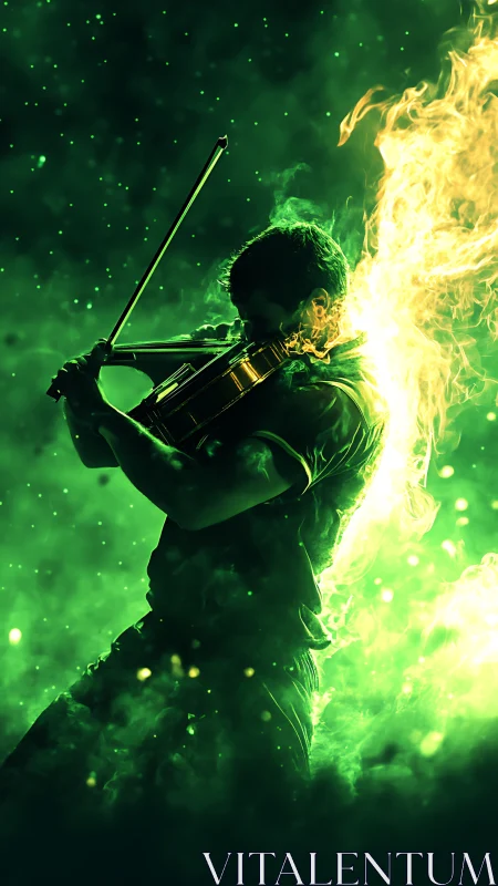 Violinist forged in neon flames, bow carving soundstorms.