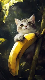 White Kitten Hugging Giant Banana in Surreal Forest