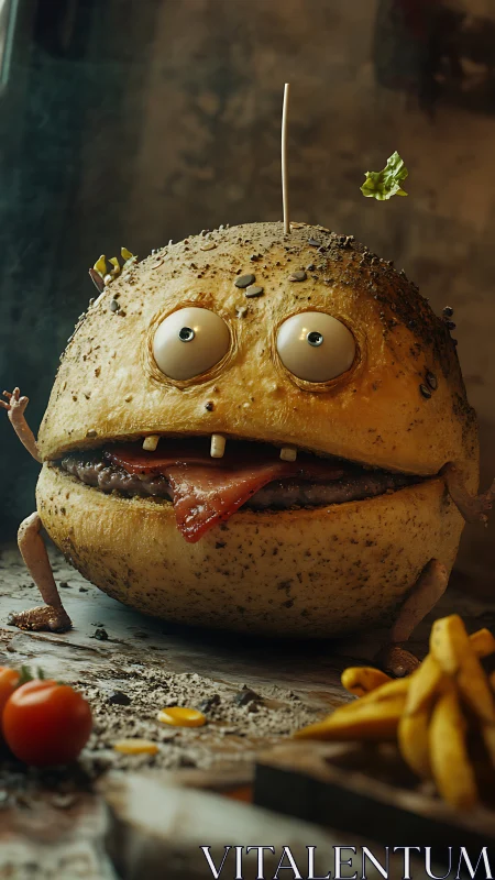 Goofy burger creature ready to escape snack time chaos.