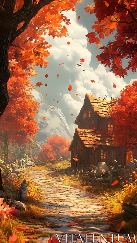 Autumn forest path leading to rustic wooden cottage.