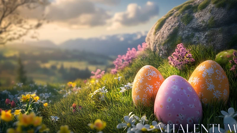 Easter eggs nestled in luminous alpine wildflower meadow.