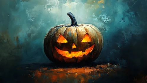Painterly jack-o-lantern with moody chiaroscuro lighting.