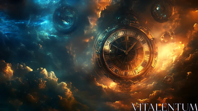 Floating mechanical clock within luminous cloud field.