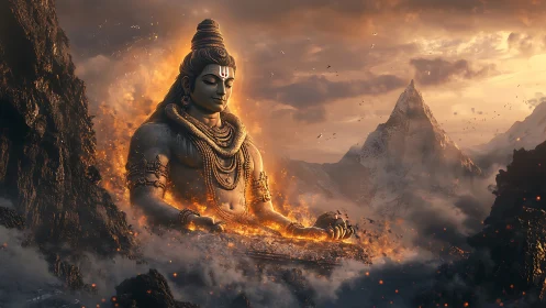 Colossal meditative deity glows amid fiery Himalayan peaks.