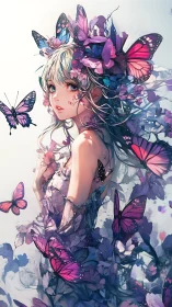 Butterfly adorned anime girl rendered in detailed soft color