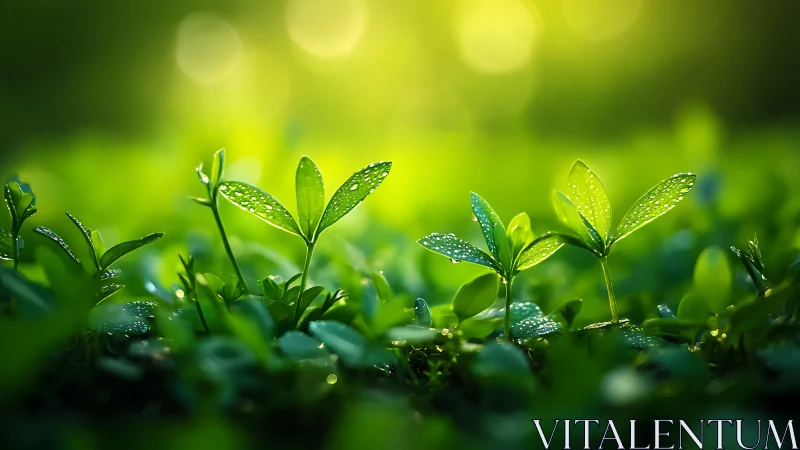 Close-up of green seedlings with dew in soft backlight.