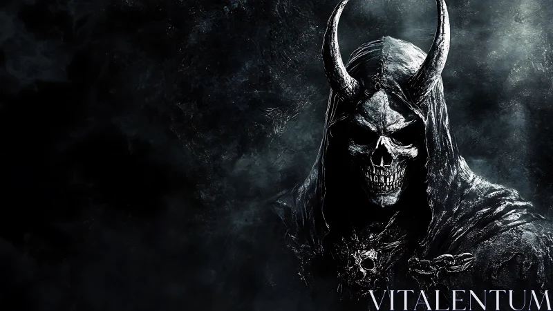 Horned skeletal reaper emerges from void in monochrome storm