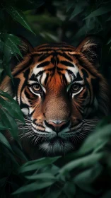 Tiger gazes through deep jungle foliage in poised silence