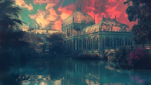 Glass palace glows beside a tranquil lake at neon sunset.