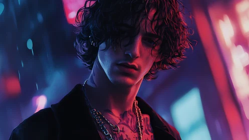 Neon-lit cyber-noir portrait isolates a brooding urban drifter