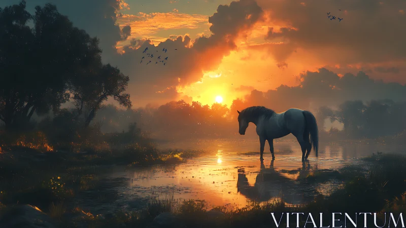 Gentle white horse enjoying a peaceful golden sunset by water.