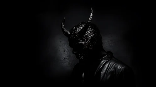 Horned shadow draped in lacquered midnight silence.