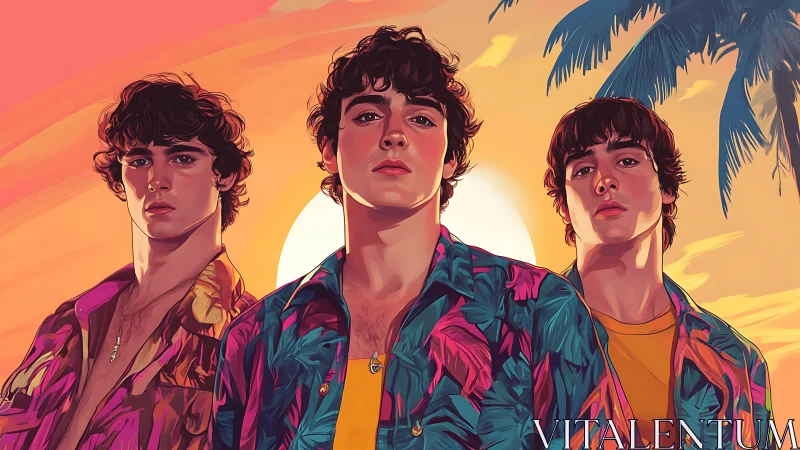 Digital painting portrait triptych in neon tropical sunset light.