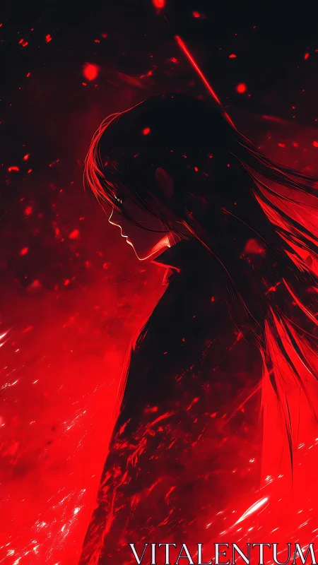 Side profile silhouette of figure in high contrast red lighting