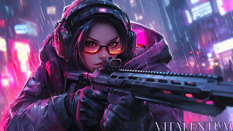 Cyber urban sniper with rifle in neon night rain scene.