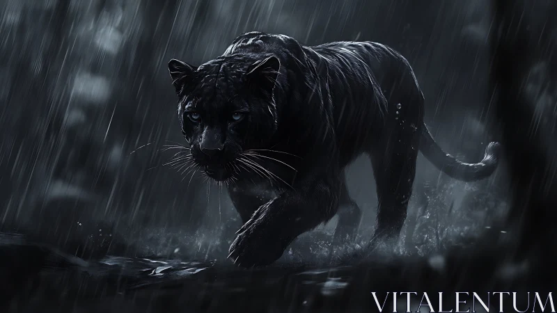 Black Panther Prowls Through Torrential Downpour with Piercing Gaze.
