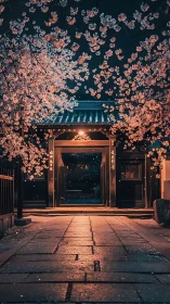 Cherry blossoms frame tranquil Japanese temple gate at night