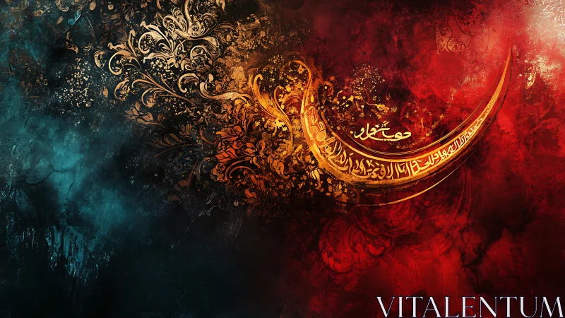 Curved golden calligraphy across textured red teal field.