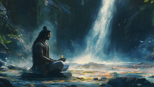 Mountain monk cradles elemental fire beneath whispering falls