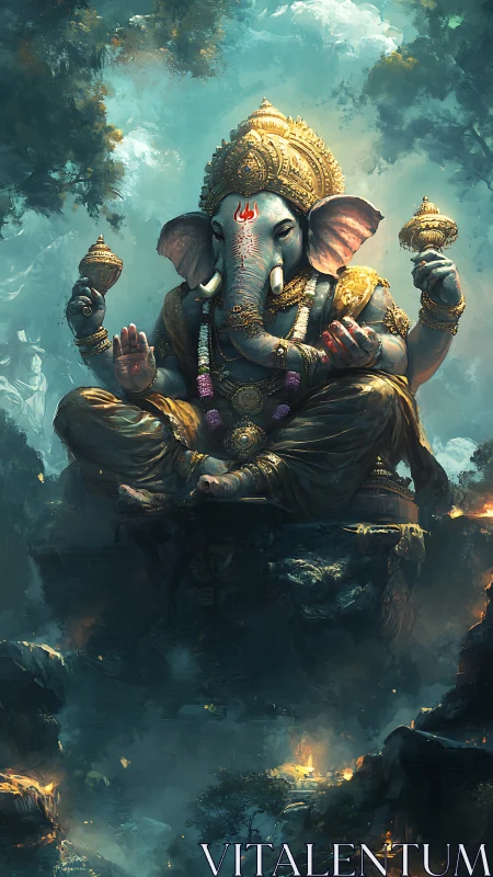 Elephant-headed deity statue amid forested rocky landscape.