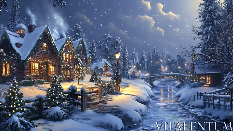 Snowlit cottage riverside glowing with storybook hush.