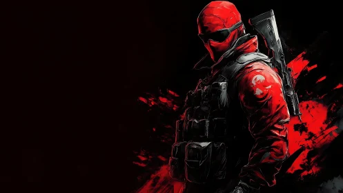 Red tactical soldier illustration with rifle on back.