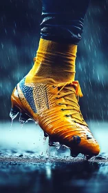 Bold yellow soccer cleat powers through rain soaked pitch