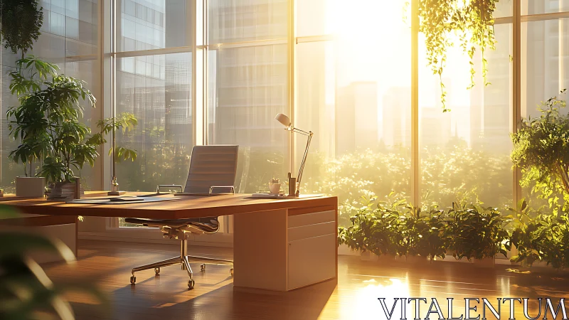 Morning sunlight turns the glass-walled office into a quiet grove