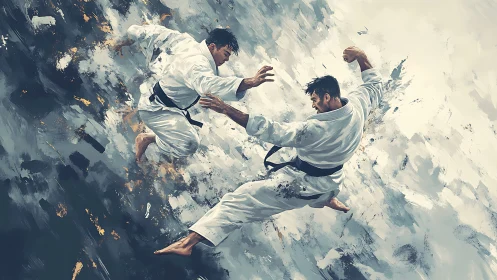 Martial artists collide midair in a storm of dynamic brushwork