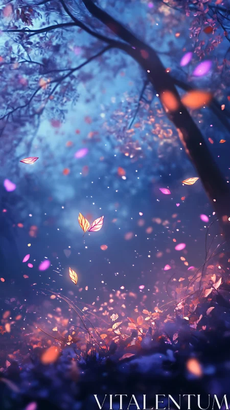 Luminous particle leaves in a depth‑of‑field twilight forest.