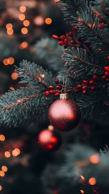 Single red ornament hangs from fir branch amid defocused lights