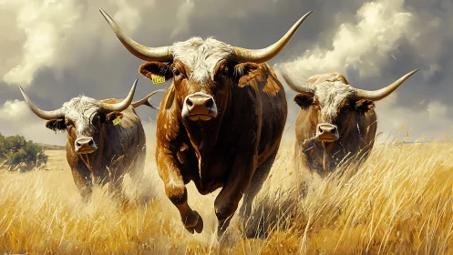 Storm-backed longhorn stampede across sunburnt prairie fields.