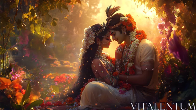 Two souls converge in bioluminescent gardens of devotion.