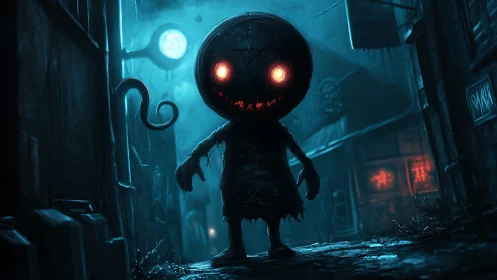 Humanoid silhouette with glowing eyes in narrow urban alley.