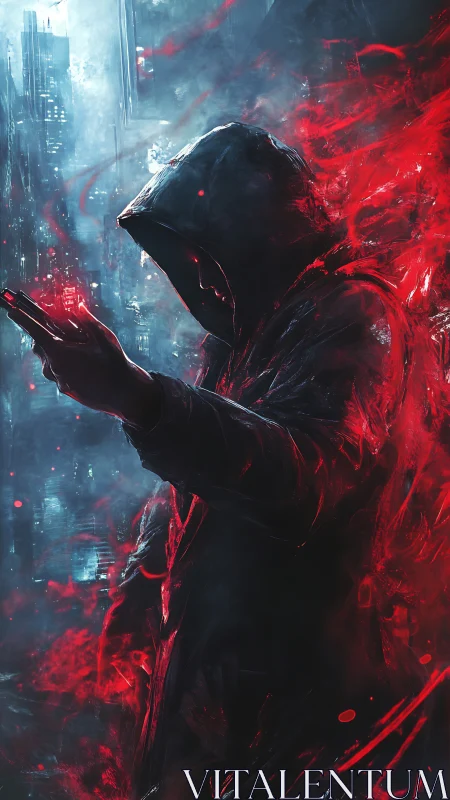 Hooded figure with red energy in urban night setting.
