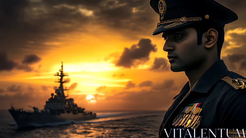Navy officer gazing to sea beneath a glowing sunset sky.