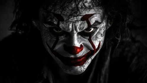 Clown face paint portrait uses low-key contrast lighting