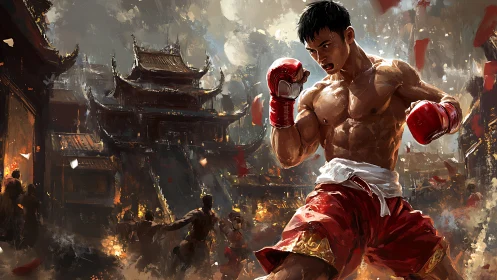 Martial Artist in Combat Stance Within Ancient Asian Cityscape.