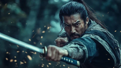 Samurai warrior poised with katana in tense forest standoff.
