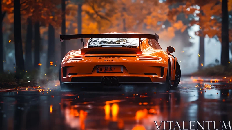 Autumn inferno supercar slides through ember-lit forest road.