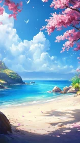 Idyllic Coastal Vista With Cherry Blossoms.