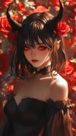 Demon girl portrait with glossy horns, red bokeh roses, soft lighting