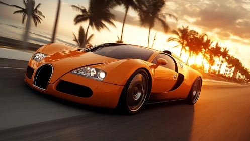 Orange sports car on coastal highway at low sunset light.