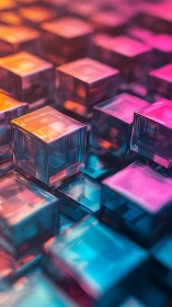 Glassy neon cubes quietly stack a shifting digital skyline