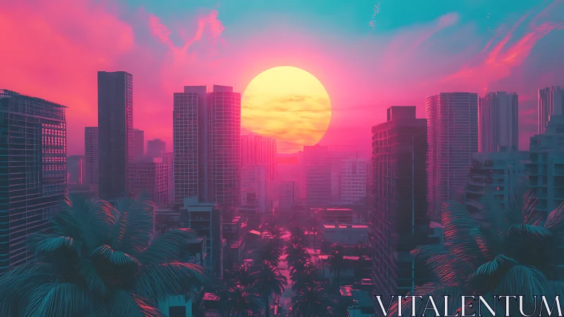 Neon tropic skyline bathing in an oversized candy sun.