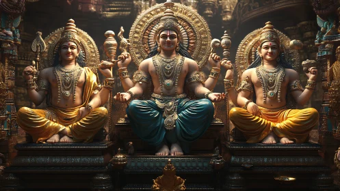 Digital painting of gilded Hindu deities on ornate throne triptych.
